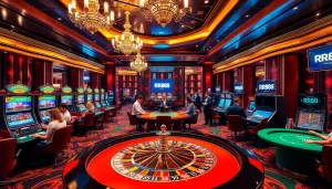 Experience the excitement of RR88 in a luxurious casino setting with players at roulette tables.