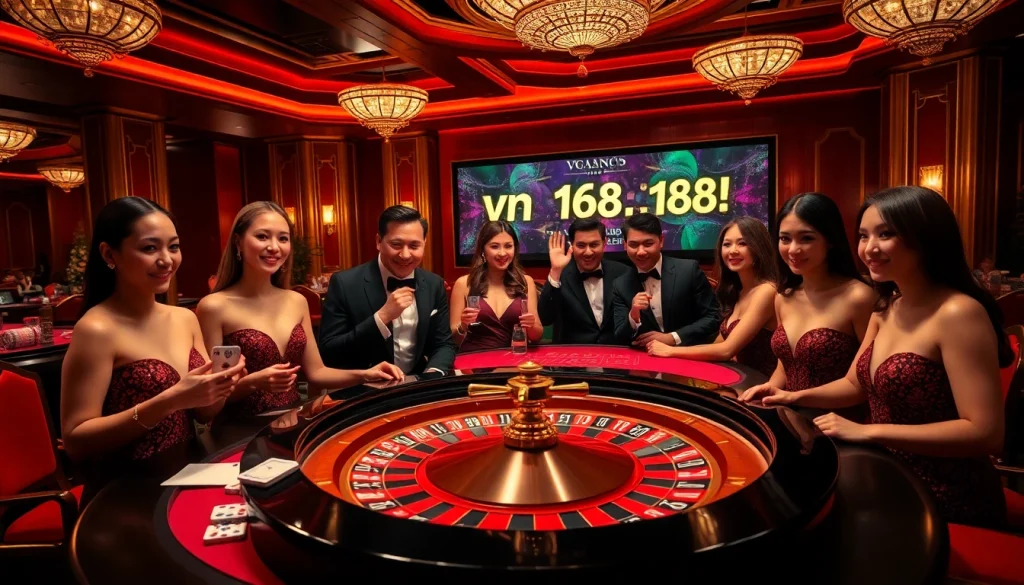 Experience thrilling gaming action at vn168 with players at a glamorous roulette table.
