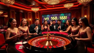 Experience thrilling gaming action at vn168 with players at a glamorous roulette table.