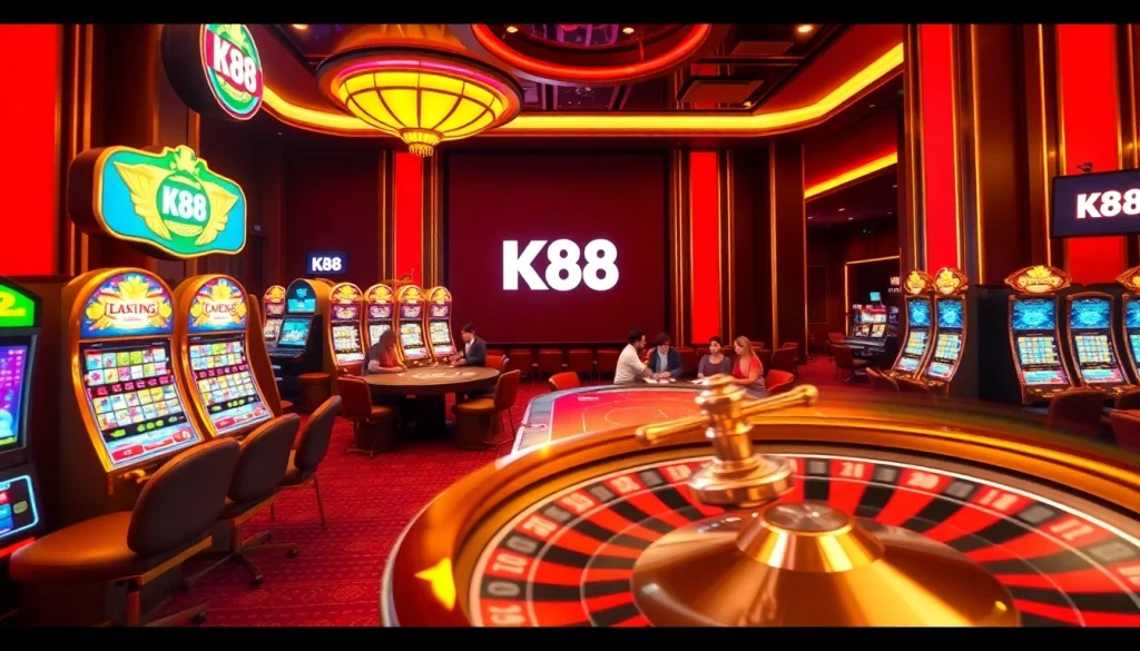 Experience the thrill of K88win casino games with vibrant poker tables and slots.
