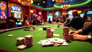 Winning at the poker table while playing at https://rr88.pizza/ with chips and cards in an exciting casino