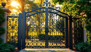 Elegant custom steel gates set in a lush garden, showcasing intricate designs and sturdy craftsmanship.