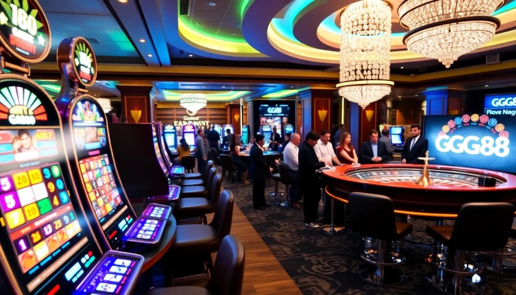 "Players enjoying an exciting gaming experience at https://gg88.biz/, featuring vibrant slot machines and roulette tables."