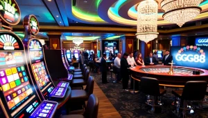 "Players enjoying an exciting gaming experience at https://gg88.biz/, featuring vibrant slot machines and roulette tables."