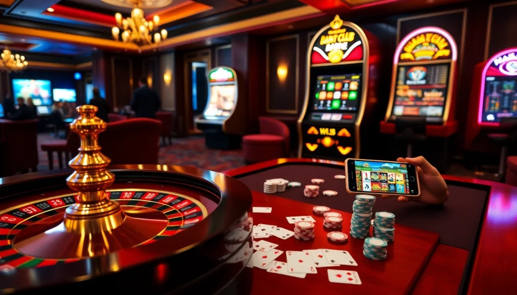 Players enjoying the luxury experience at iwinclub's online casino with vibrant games and elegant decor.