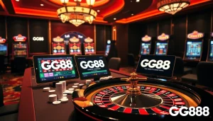Experience the excitement of GG88 with vibrant casino visuals featuring poker tables and roulette wheels.