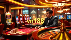 Players engage strategically at the vn168 online casino, with colorful chips and interactive interfaces.