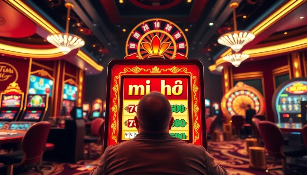 Experience thrilling spins on the nổ hủ slot machine in a vibrant casino setting with colorful elements.