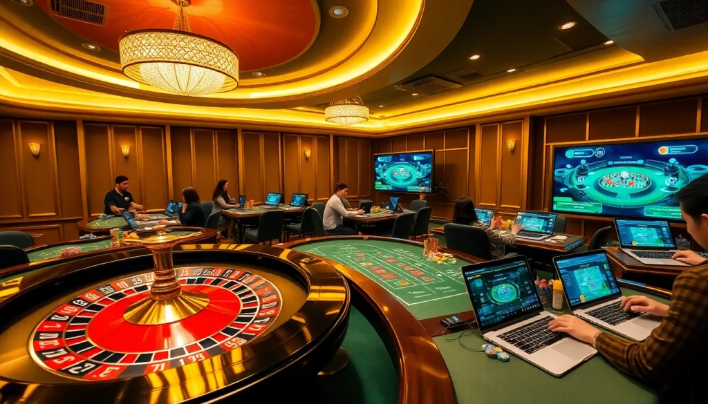 Engaging scene at nhà cái rr88 with vibrant casino tables, poker chips, and roulette wheels.