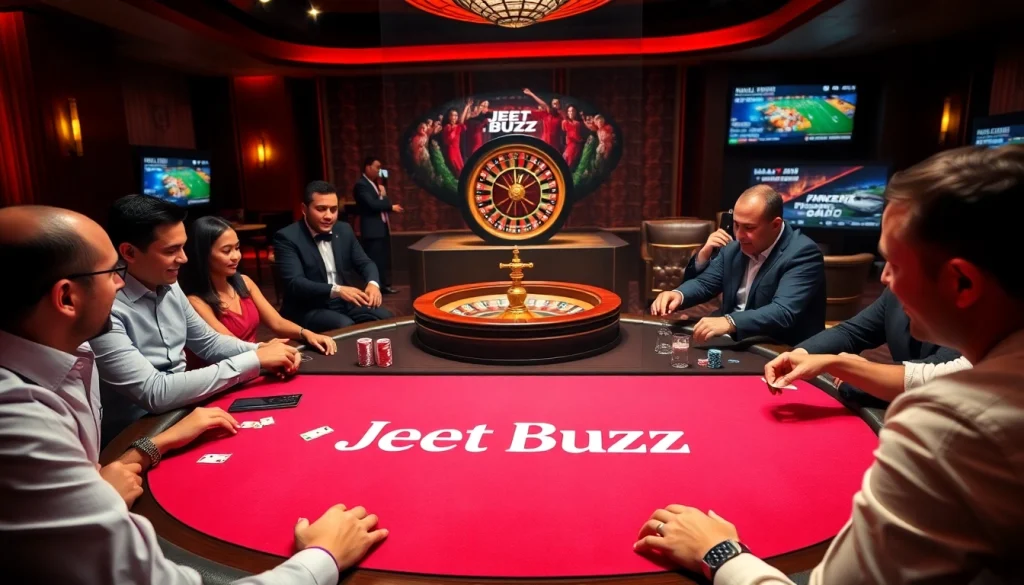Experience the thrill of Jeet Buzz at a luxurious poker table with colorful chips and cards.