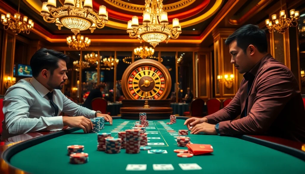 Engaging poker players at nhà cái lc88's luxurious casino table with vibrant chips and cards.