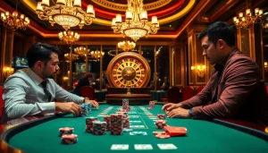 Engaging poker players at nhà cái lc88's luxurious casino table with vibrant chips and cards.