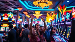 Menggambarkan suasana ceria di kasino dengan pengunjung bersemangat menang di situs deposit 1000.
