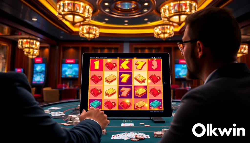Experience the thrill of Okwin gaming with vibrant slot machines and casino tables.