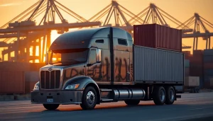 Drayage truck transporting shipping containers in a busy urban port under golden sunset light.