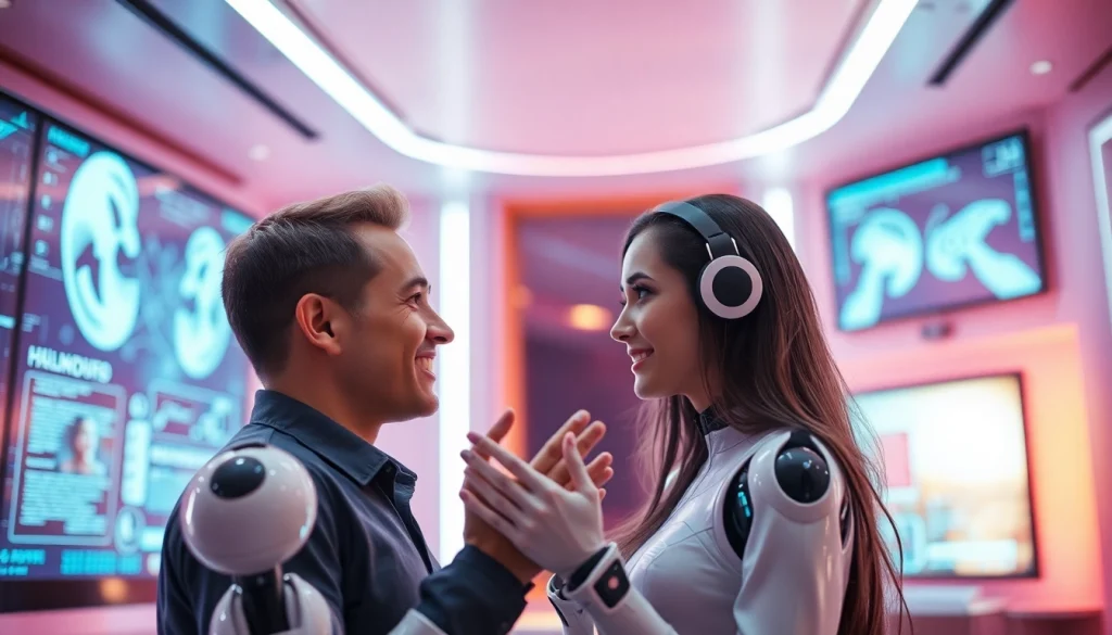 A user interacting with an ai sex bot in a futuristic, intimate setting that emphasizes advanced technology and connection.