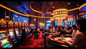 Action-packed gambling scene featuring 7m cn betting options, casino tables, and lively players.