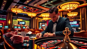 Exciting casino atmosphere featuring a professional gambler at xx88's roulette table.