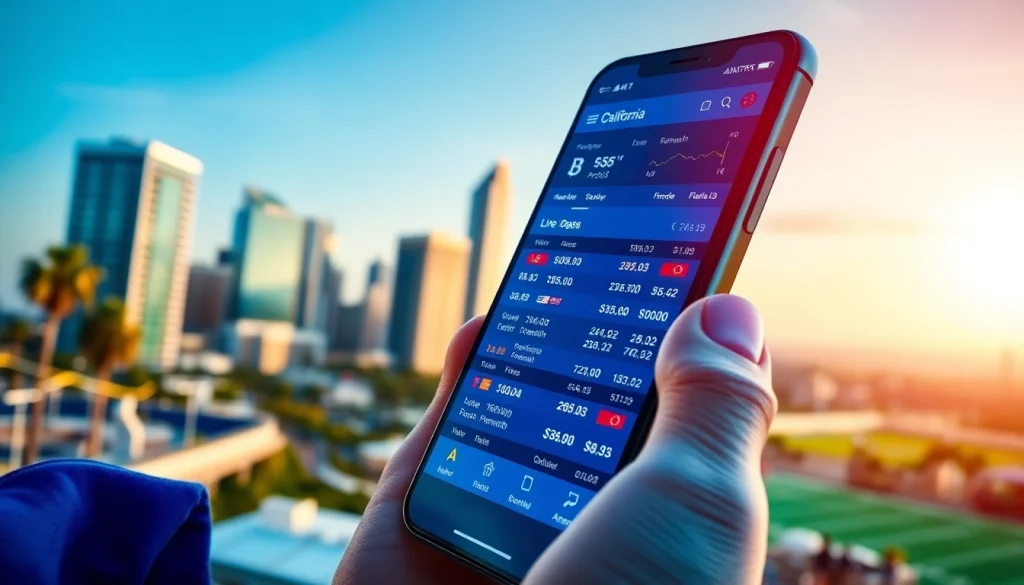 View of sports betting apps California displayed on a smartphone against a California skyline.