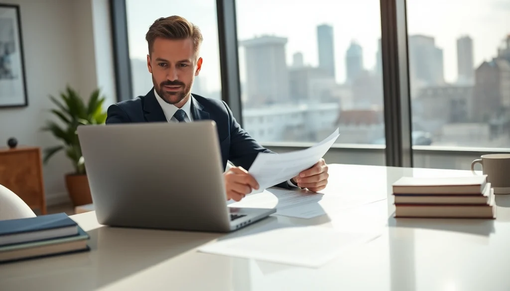 Real estate lawyer reviewing documents in a bright office showing expertise and professionalism.