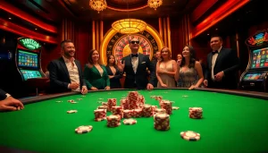 S8 casino players strategizing at a luxurious poker table in a vibrant environment.