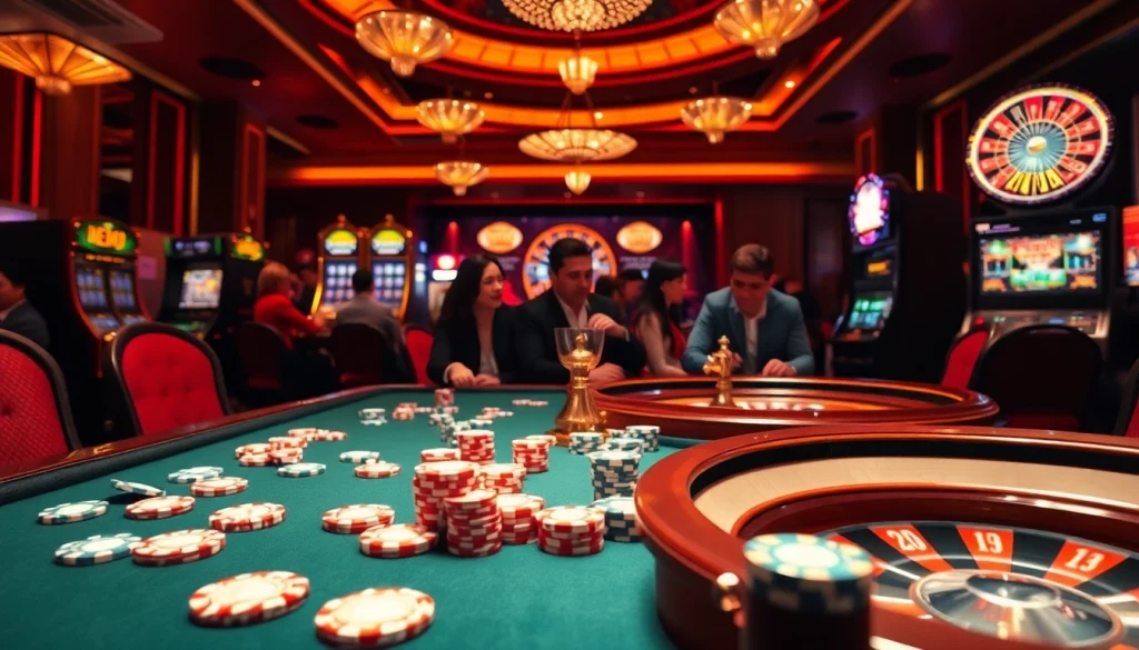 Players enjoying a thrilling game at SN888 casino with vibrant slot machines and poker chips.