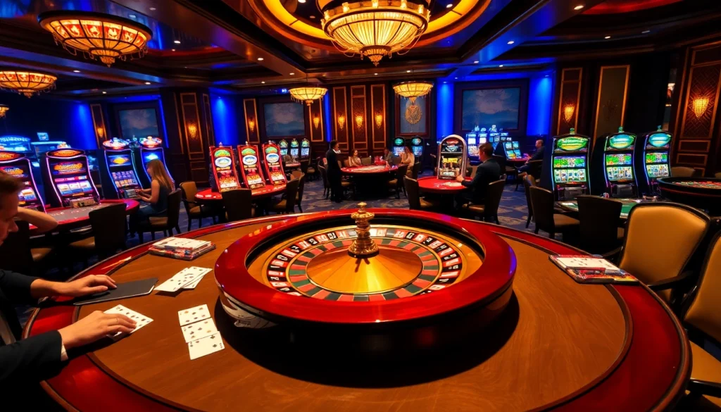Experience the excitement of betting at MM88, with casino tables and roulette wheels in a luxurious setting.