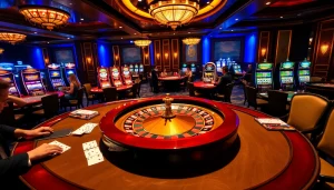 Experience the excitement of betting at MM88, with casino tables and roulette wheels in a luxurious setting.