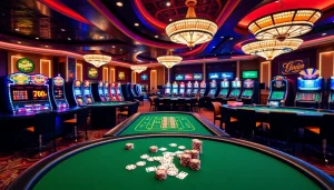 Engaging casino scene highlighting kkwin vin with vibrant tables, roulette wheels, and excitement.