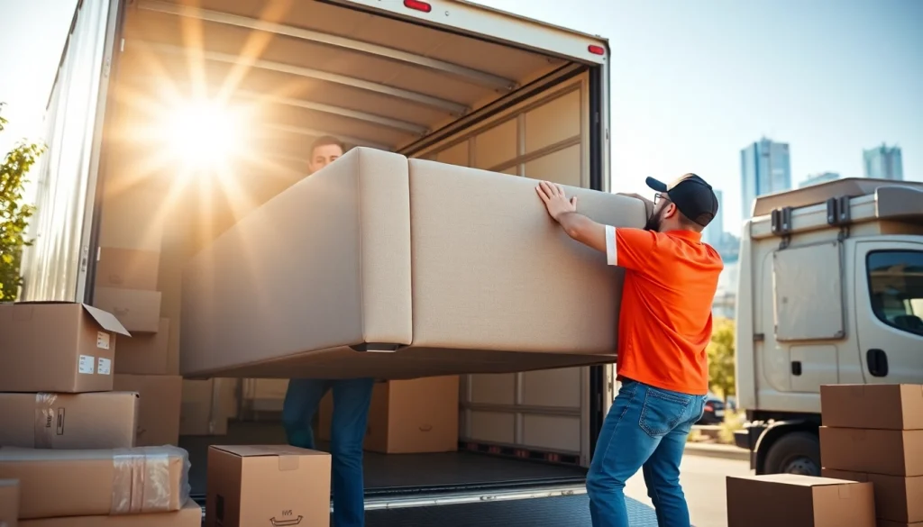 Efficient Vancouver moving company team lifting a sofa into a truck against a scenic backdrop.
