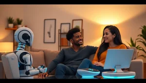 Couple interacting with AI companion in a modern living room, showcasing ai sex concept.