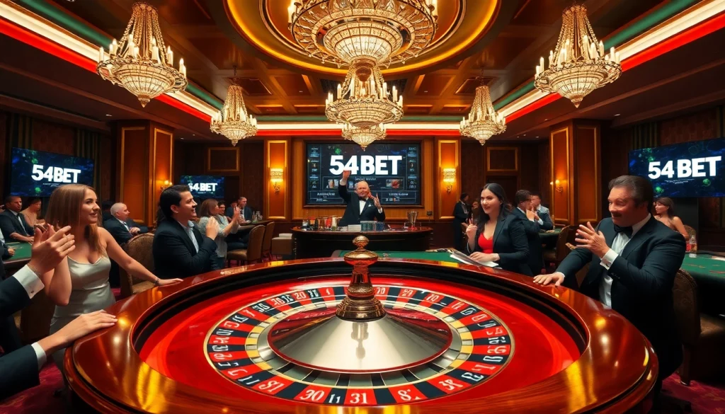 Engaging roulette action at a luxurious casino featuring 54BET, capturing excitement and strategy.