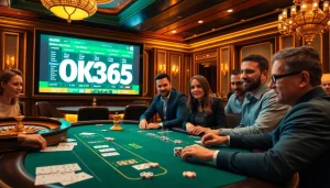 Experience the excitement of gambling at OK365 with a luxurious casino scene featuring poker and roulette.
