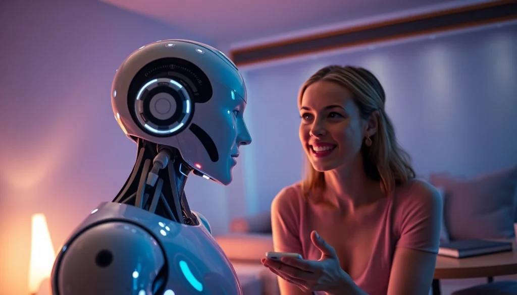AI sex robot interacts with a user in a futuristic living room, showcasing advanced technology and intimacy.
