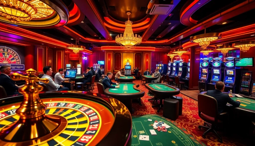Exciting gambling action at a reputable casino, highlighting nhà cái uy tín through vibrant gaming elements.