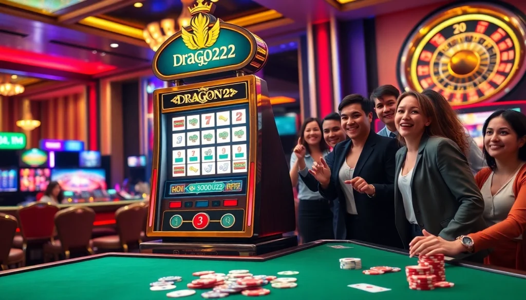 Players winning at DRAGON222 slot machine in a vibrant casino environment.
