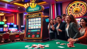 Players winning at DRAGON222 slot machine in a vibrant casino environment.