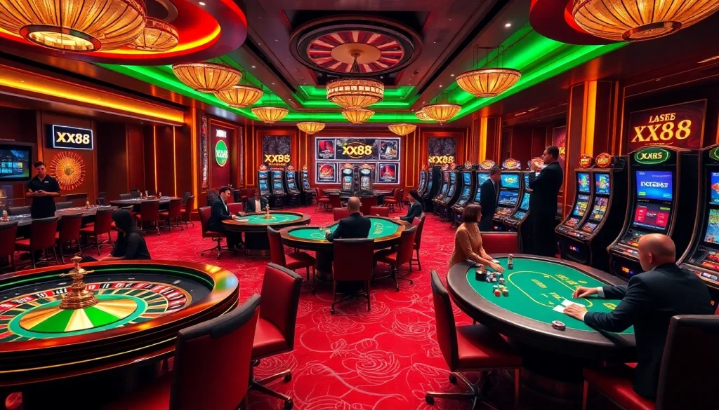 Experience the thrill of xx88 casino with players at the vibrant tables and engaging in high-stakes games.