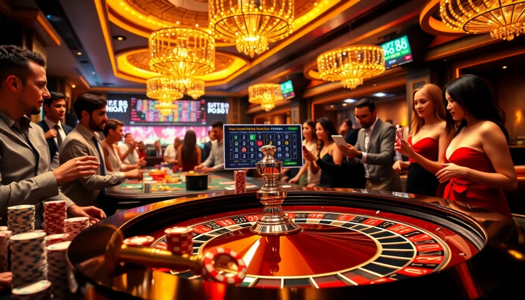 Players enjoying roulette at an elegant casino inspired by https://rr88.pizza/ with vibrant colors and dynamic action.