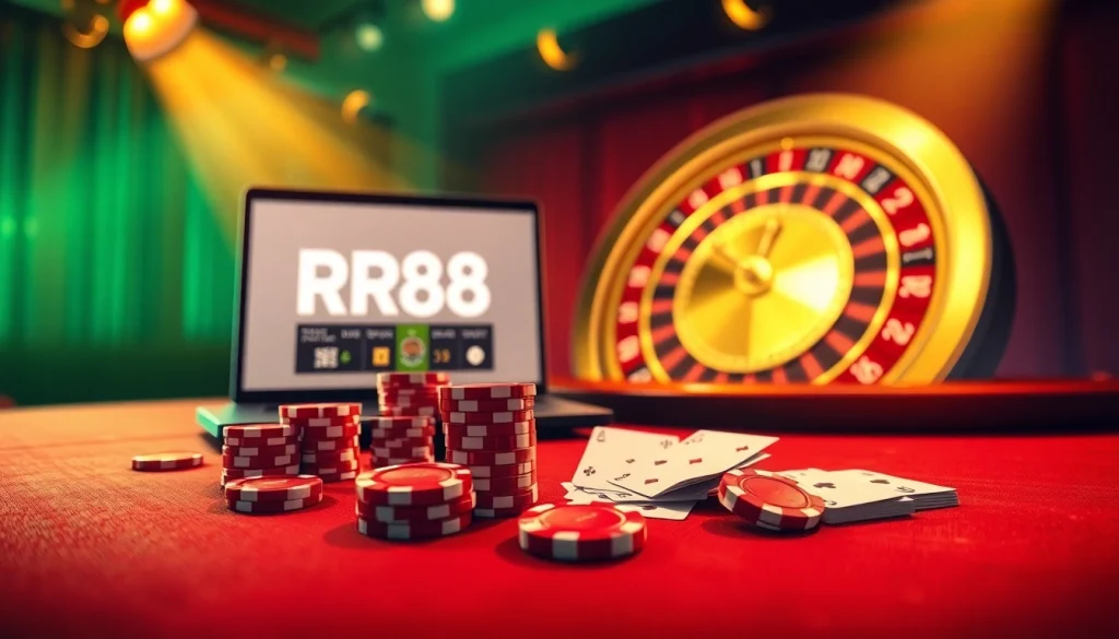 Experience the thrill at https://rr88.pizza/ with an engaging casino online scene showcasing poker chips and cards.