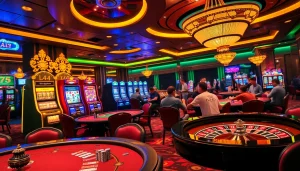 Exciting casino scene showcasing players enjoying L444 games at tables, with vibrant slot machines and luxury atmosphere.