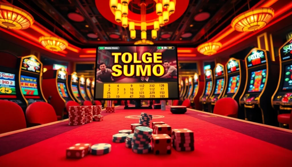 Adegan permainan Togel Sumo dengan elemen kasino yang berwarna-warni menampilkan kegembiraan dan potensi kemenangan.