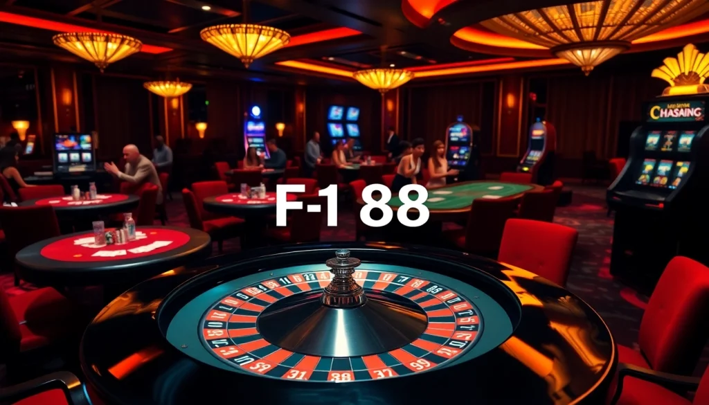 F168 logo shines on a roulette wheel with elegant casino tables and lively players.