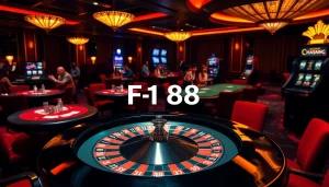 F168 logo shines on a roulette wheel with elegant casino tables and lively players.