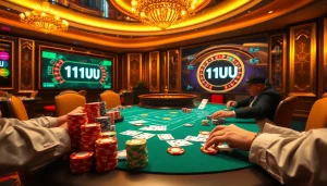 Experience high-stakes gambling action at the poker table featuring 11UU with colorful chips and cards.