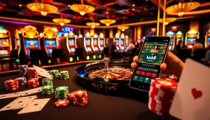 Gambling scene showcasing luck8 interface on a smartphone amidst vibrant casino activity.