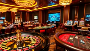 Experience the thrill of online gambling with SuperPH, showcasing an exciting casino atmosphere filled with roulette and poker games.