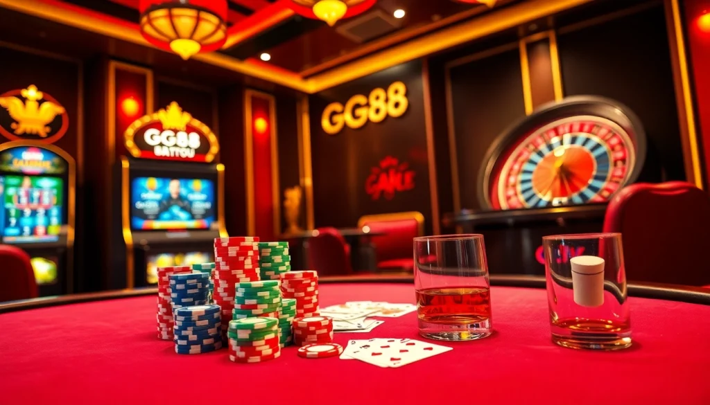Experience the thrill of GG88 with vibrant casino tables, poker chips, and spinning slot machines.