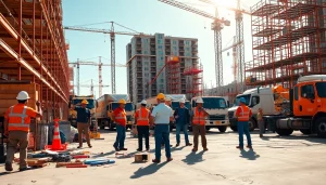 Showcase of Austin construction workers engaged in teamwork at a vibrant construction site.