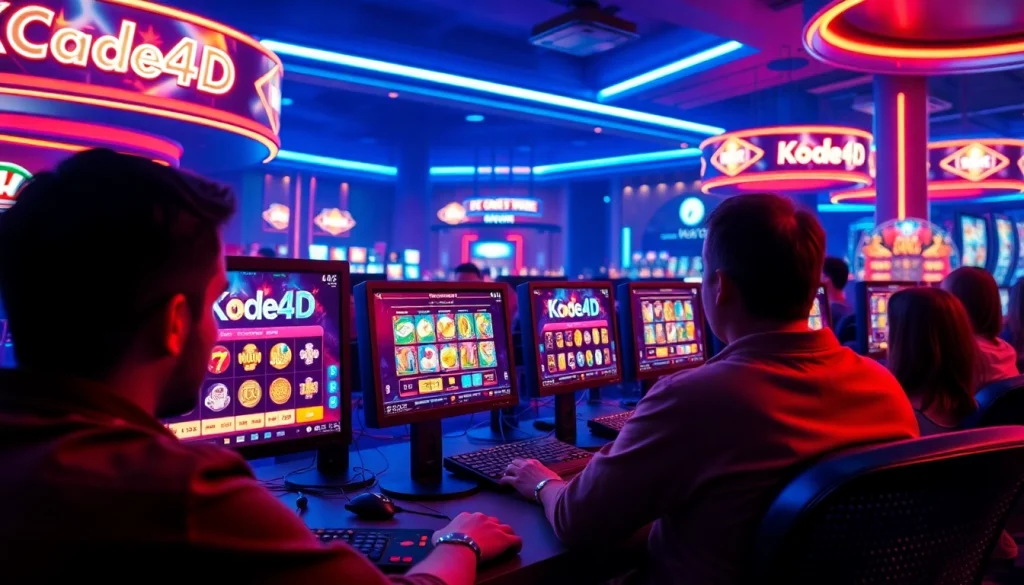 Kode4D slot games showcased on dynamic digital screens, highlighting an exciting online gaming atmosphere.